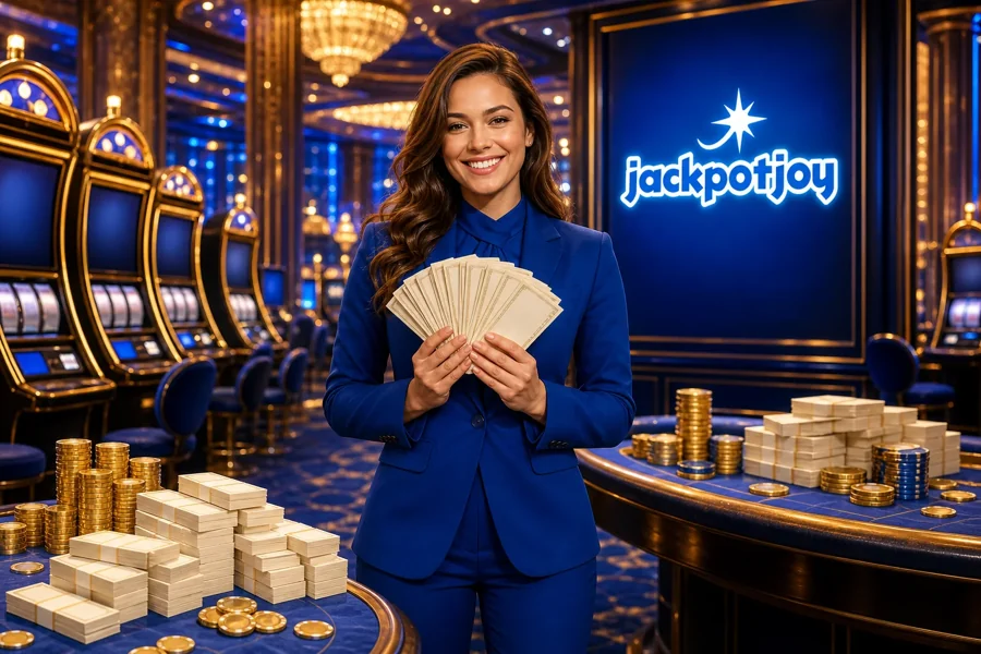 Jackpot Joy hero: neon slot reels with Gates of Olympus and Starburst symbols
